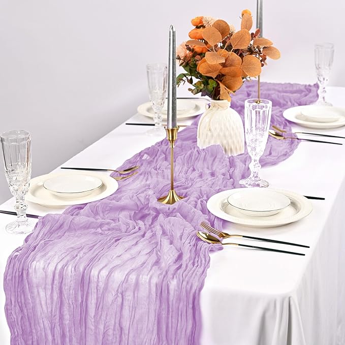 24 Pack Light Purple Table Runner, 10FT Cheesecloth Table Runner Long Romantic Semi Sheer Rustic Boho Gauze Table Runners for Wedding Bridal Shower Birthday Party Decorations(21.5×120 Inch)