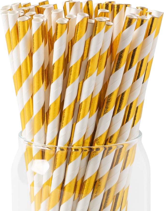 PakTalk 100 Pack Gold Paper Straws, Gold and White Striped Disposable Straws for Cake Pops Party Decoration in Birthday Baby Shower Wedding(7.75" x 0.24")