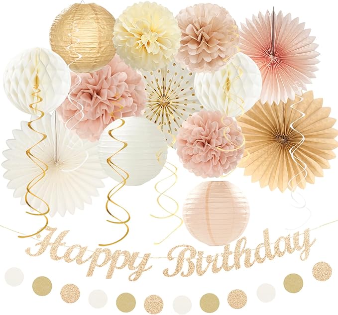 Champagne-Gold Beige Fall Boho Birthday Party-Decorations and Sage-Green Pink-Gold Boho-Rustic Birthday Party-Decorations