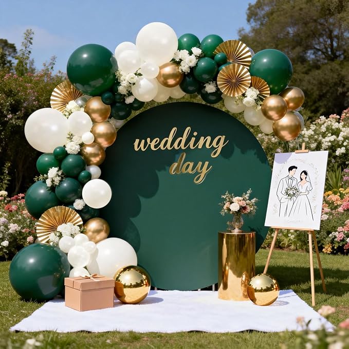 Emerald Green White Gold Balloon Arch Kit, Double Stuffed Dark Green Balloons Hunter Forest Green Chrome Gold Pearl White Sand Ivory Balloons for Wedding Birthday jungle Safari Party Decorations