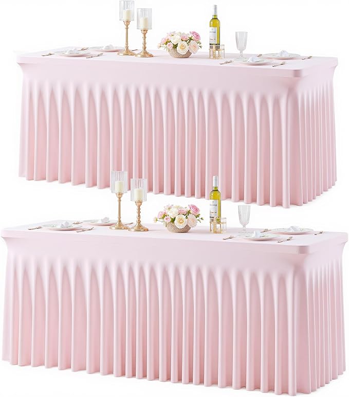 2 Pack Pink Table Cloth for 8 Foot Rectangle Tables Spandex Fitted Tablecloth 8ft Stretch Table Covers Skirt Pink Banquet Tablecloths Wrinkle Free Tablecloth for Party Wedding Birthday Event