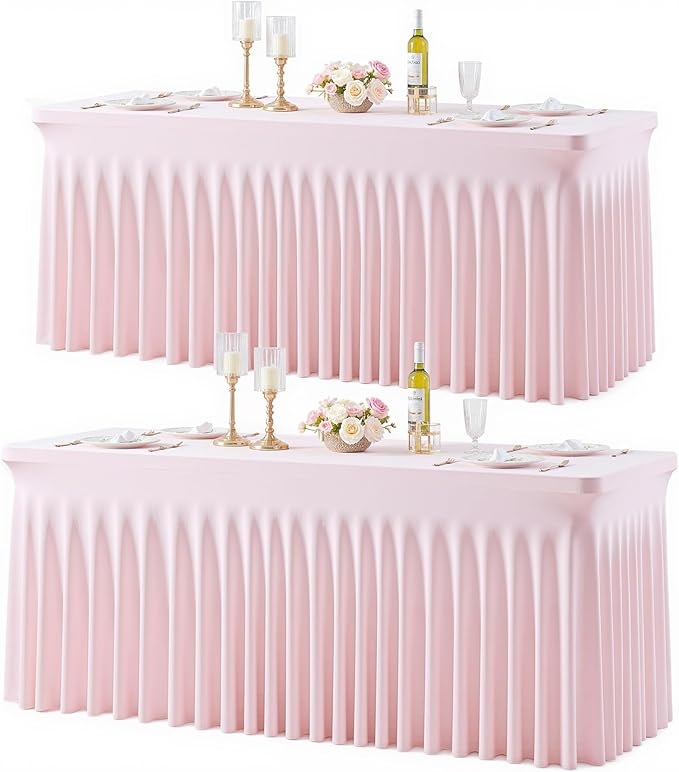 2 Pack Pink Table Cloth for 6 Foot Rectangle Tables Spandex Fitted Tablecloth 6ft Stretch Table Covers Skirt Pink Banquet Tablecloths Wrinkle Free Tablecloth for Party Wedding Birthday Event