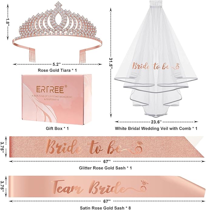 Bachelorette Party Decorations Kit, Bridal Shower Supplies, Rose Gold Bride to Be Bachelorette Sash Veil Crown Tiara for Bride, Team Bride Tribe Sash for Bridesmaids