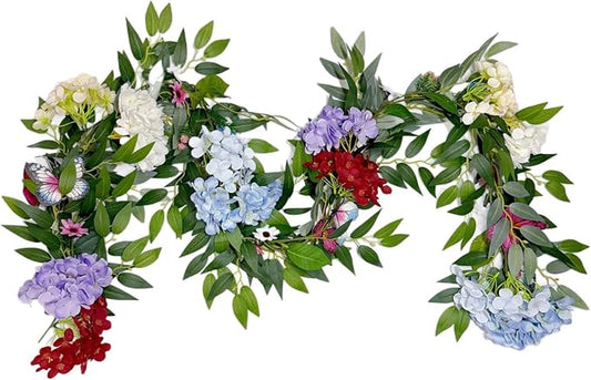 Spring Summer Flower Garland for Mantle,Blue White Red Hydrangeas Floral Garland with Rose Leaves Butterfly Vine Decor, Floral Wreath (White and Blue Hydrangea)