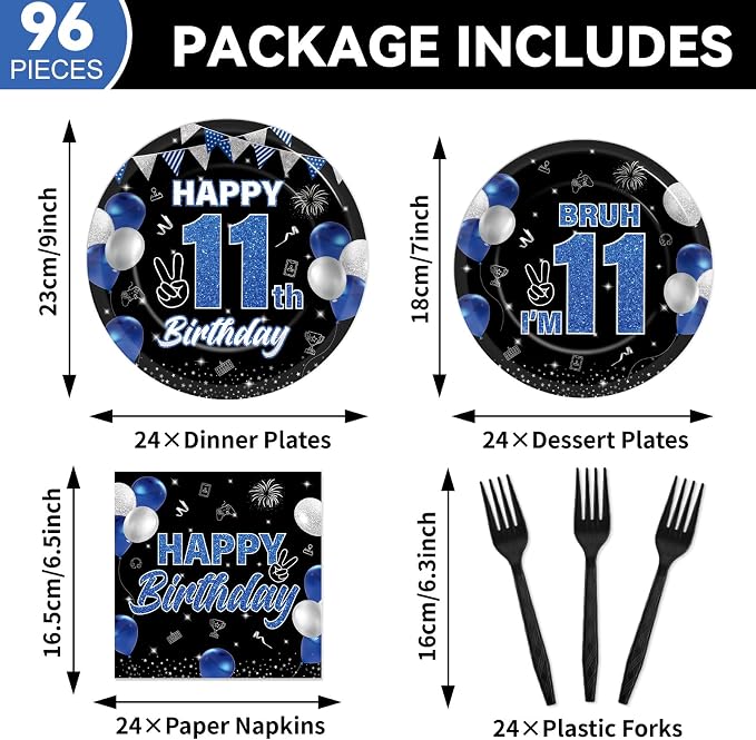 96PCS 11th Birthday Party Supplies Blue and Black 11th Birthday Plates and Napkins Black Blue Bruh I’m 11 Tableware Dinnerware Video Game Theme Decorations for Boys Party Favors Serves 24