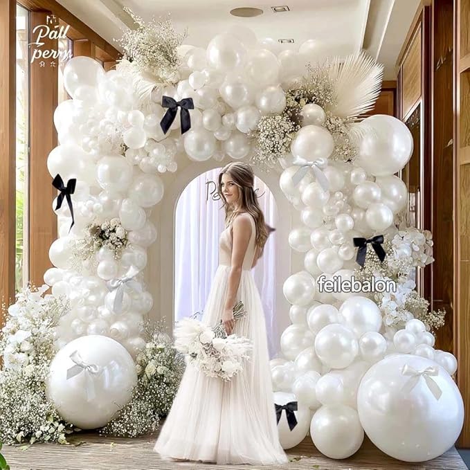 Pearl White Balloon Arch Kit,Double Stuffed White Pearl Balloon Garland Different Sizes 5/12/18 Inch with Black and White Bow for Baby Shower Baptism Wedding Birthday Engagement Party Decoration