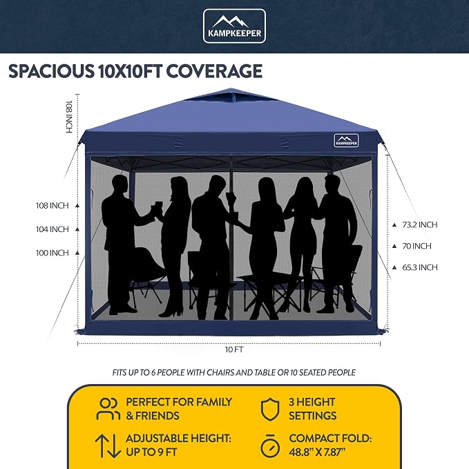 KAMPKEEPER 10x10 Pop-Up Canopy Tent, Waterproof Portable Shade with Screen Walls, Adjustable Instant Outdoor Shelter for Camping, Backyard, and Events, Navy Blue
