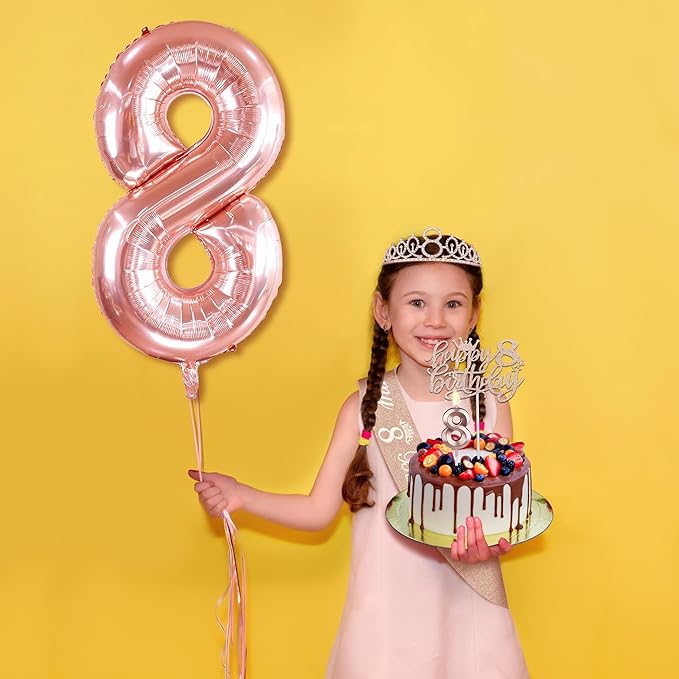 8th Birthday Decorations for Girls, Including 8th Birthday Sash and Tiara, Cake Topper and Candle, Number Balloon, 8 Year Old Girl Gifts