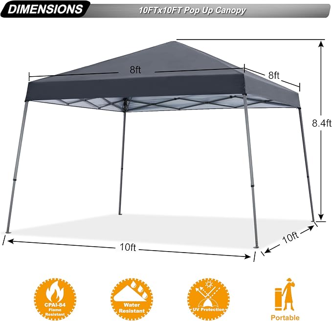 ABCCANOPY Stable Pop up Outdoor Canopy Tent 10 x 10 ft Base / 8 x 8 ft Top, Dark Gray