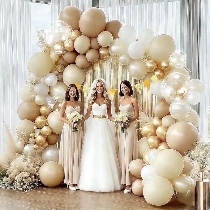 White Sand Gold Balloon Garland, Double Stuffed Pearl White Gold Cream Beige Balloons Clear Bobo Latex Balloon Arch Kit for Wedding Bridal Shower Birthday Baby Shower Gender Reveal Party Decorations