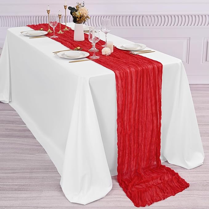 6 Pcs Red Cheesecloth Table Runner 10FT, Gauze Table Runner for Wedding Reception Sheer Bridal Shower Birthday Party Boho Table Decoration, Rustic Romantic Wedding Runner
