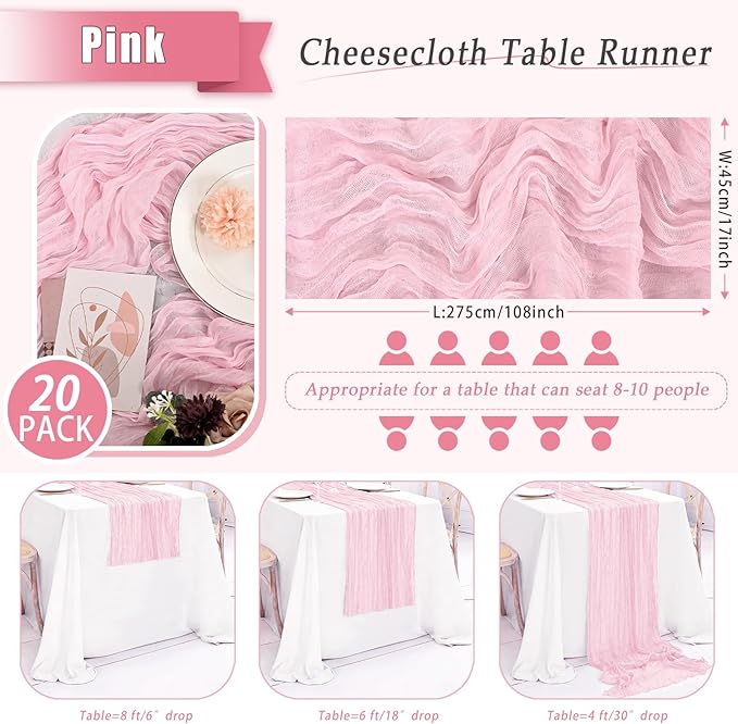 20 Pack Pink Cheesecloth Table Runner 17x108 Inch Semi Sheer Boho Rustic Gauze Cheese Cloth Table Runners for Wedding Party Birthday Baby Shower Home Décor