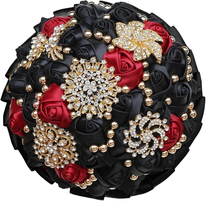 Bridal Wedding Bouquet Luxury Gold Rhinestone Brooch Bouquet for Bride Bridesmaid Quinceanera Satin Rose Artificial Flower Bouquet Wedding Black and Burgundy 9.5in