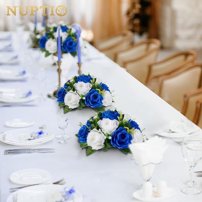 NUPTIO Flower Ball Arrangement Bouquet - 10 Pcs 9.5 inch Diameter Royal Blue Fake Flowers Roses Balls for Centerpieces Tables - Artificial Rose Arrangements for Wedding Centerpiece Table Decorations | 10 Pcs Artificial Flower Arrangements, for Wedding,...
