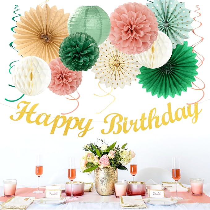 Champagne-Gold Beige Fall Boho Birthday Party-Decorations and Sage-Green Pink-Gold Boho-Rustic Birthday Party-Decorations