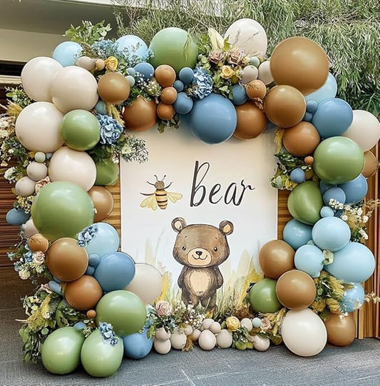 Blue Green Brown Balloon Garland Double Stuffed Dusty Blue Sage Green Balloons Olive White Sand Latex Balloon Arch Kit for Bear Baby Shower Birthday Woodland Wild One Party Decorations