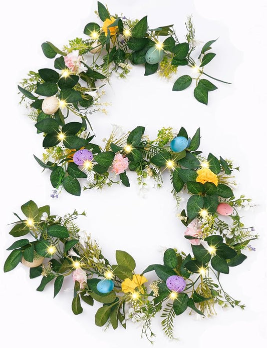 6FT Easter Garland for Mantle Easter Egg Garland with Lights Artificial Spring Decorations for Indoor Outdoor Fireplace Party Spring Home Decor