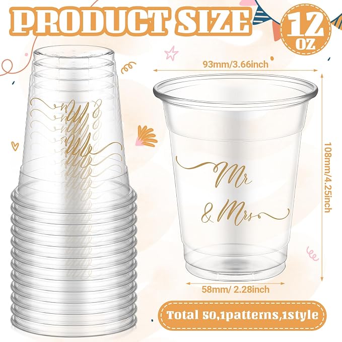 FoldTier 50 Pcs Mr and Mrs Cups 12 oz Plastic Wedding Cups Clear Engagement Disposable Glasses Bridal Shower Drinking Glasses for Home Kitchen Wedding Theme Party Favors Supplies Decoration
