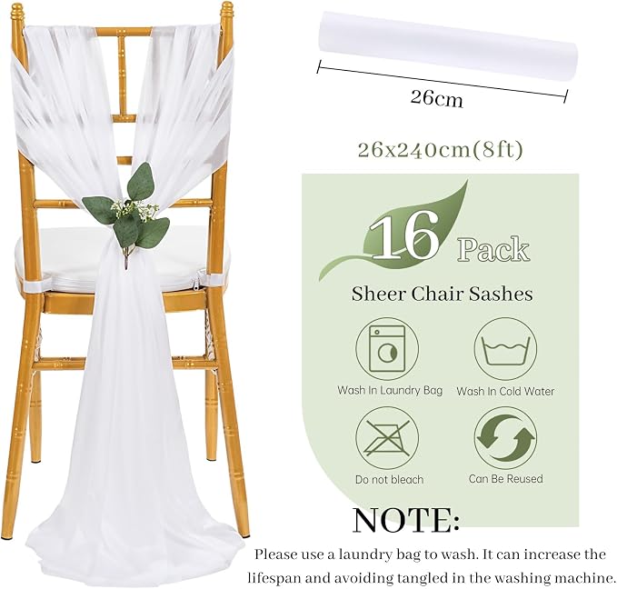 QueenDream White Chair Sashes Wedding: 16 Pieces Long Sheer Wedding Aisle Chair Decorations Tulle Chairs Covers with Artificial Eucalyptus