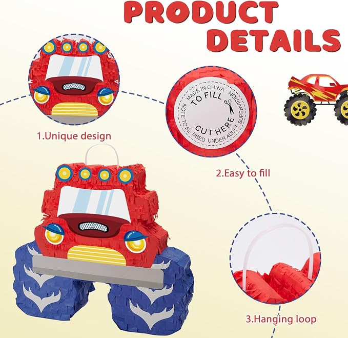 WERNNSAI Truck Piñata - Monster Truck Piñata Bundle with Blindfold and Bat for Boys Kids Theme Party Decoration Supplies Cool Car for Birthday Party Carnival Celebration Game