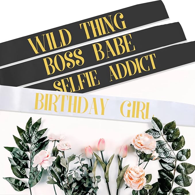 12Pcs Birthday Sashes Set - White Birthday Girl Sash + 11pcs Black Party Sashes for Women, Party Favors & Decor Accessories