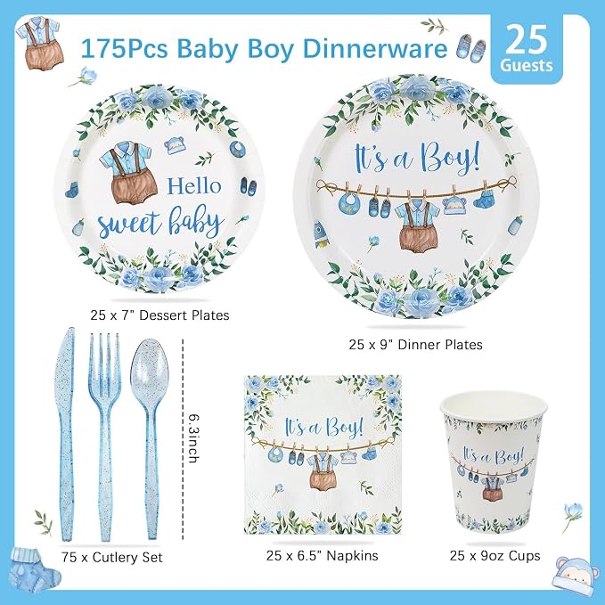 Boy Baby Shower Decorations Plates Set 25 Guests,175 Pcs Blue It's a Boy Baby Shower Decorations Paper Plates Napkins Cups Cutlery Sets