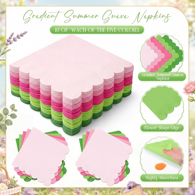 Zhehao 150 Pcs Summer Guava Plates and Napkins Tableware Serves 50 Includes 9 Inch 7 Inch Pink and Green Scalloped Wave Edges Paper Plate and Napkins for Wedding Birthday Baby Shower Party