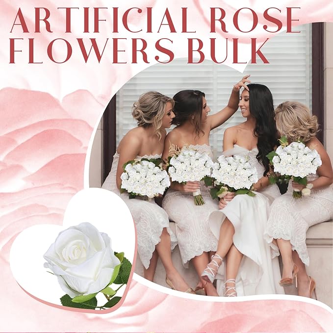 50 Pcs Artificial Silk Roses Flowers Bulk Realistic Long Stem Faux Flower Bouquet for Wedding Centerpieces, Valentine's Day Decor, Home Arrangements, Table Decorations(White)