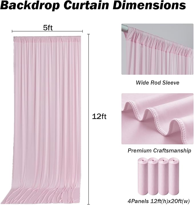 20ft×12ft Pink Backdrop Curtains for Wedding Parties, 4 Panels Wrinkle Free Polyester Photo Backdrop Drapes Back Drop Cloth for Birthday Photography Background