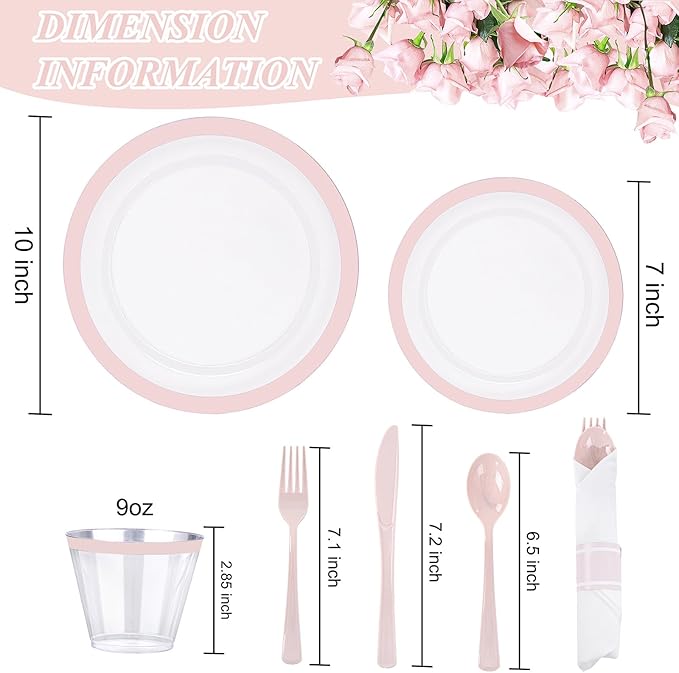 I00000 350 Pcs Clear Pink Plates for 50 Guests, Pink Dinnerware Include 100 Plates, 50 Cups, 50 Pre Rolled Napkins with Cutlery Set for Party, Wedding