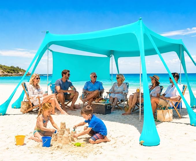 Large Beach Tent Sun Shelter with Sidewall, UPF80+ UV Protection Beach Tents Shade Canopy with 8 Sandbags, 4 Stability Poles for Sand, Camping, Fishing, Outdoor Tent Sun Shelters (11x11ft, Turquoise)