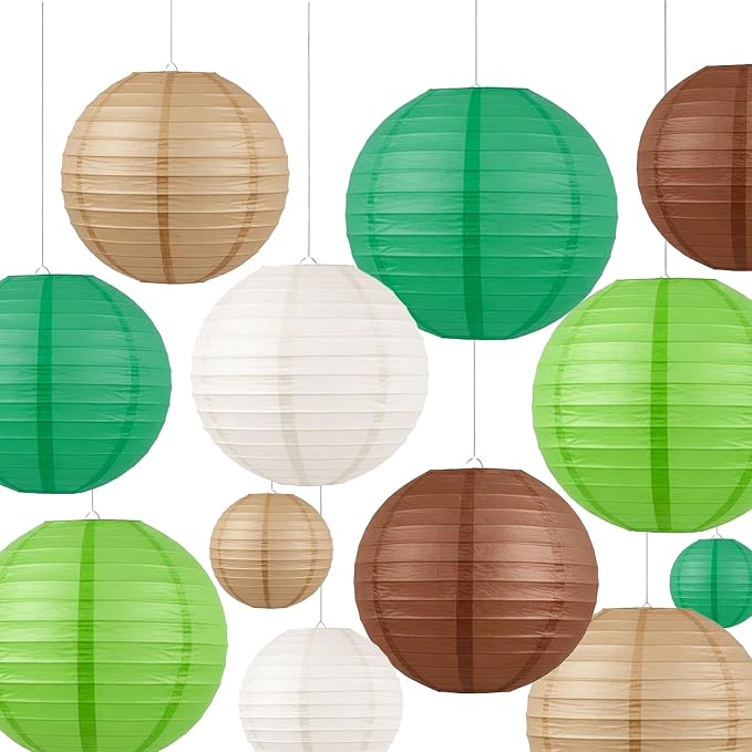 Earth-Tone Paper Lanterns Set (12 Pcs) - 6/8/10 Inch Hanging Lanterns for Jungle/Dinosaur/Rugby Parties, Birthdays & Home Decor（Teal, Coffee, Sage Green, Khaki, White）
