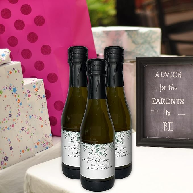 Pop It When She Pops Mini Bottle Stickers | 12 Count | 2”x 3” Size | Champagne Bottle Stickers | Baby Shower Party Favors | White with Greenery Design