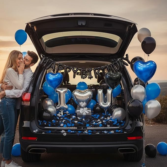 Blue Black Silver Balloons with I LOVE YOU & HAPPY BIRTHDAY Foil Balloons & Rose Petals for Romantic Special Night, Anniversary, Valentine Day, Birthday Decorations for Him, Bedroom, Hotel Room