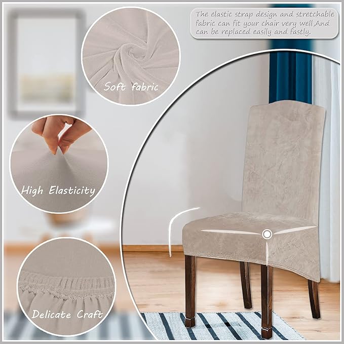 Velvet Plush XL Dining Chair Covers, Stretch Chaircover, Spandex High Chairs Protector Covers Seat Slipcover with Elastic Band for Dining Chairs (Tauqe 1, Set of 4)