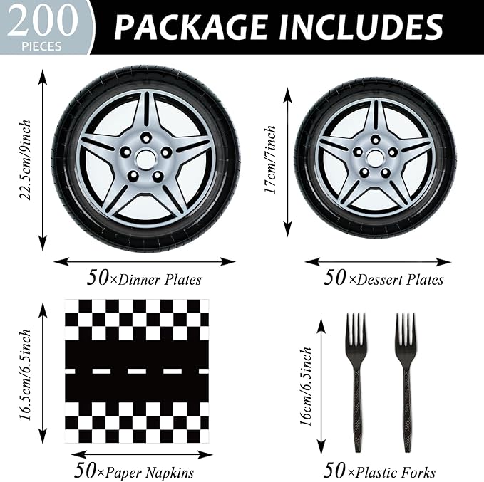 50 Guests Race Car Party Plates and Napkins Party Supplies Racing Car Party Decorations Disposable Tableware Set Racing Sports Themed Dinnerware Favor for Race Car Birthday Baby Shower, 200PCS