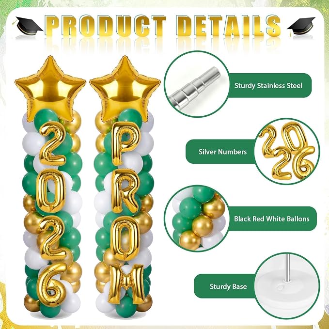 2 Sets Graduation Balloon Column Stand Kits with 132 PCS Green Gold White Latex Balloons 2026 Letters 6.5 Ft Adjustable Metal Tube Telescopic Tower Pillar with Base for Graduation Party Decoration