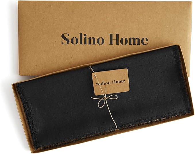 Solino Home Linen Black Table Runner 60 Inches - Fringe, 100% Pure Linen Short Table Runner 14 x 60 Inch Ideal for Dresser and Coffee Tables - Spring, Summer, Mothers Day