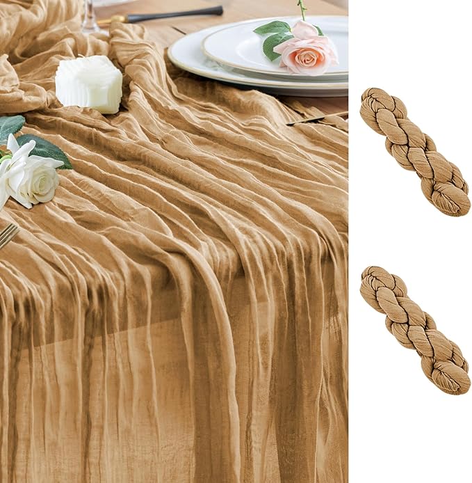 Wokceer Cheesecloth Table Runner 2Pack 10FT Khaki Boho Gauze Cheese Cloth Table Runner for Party Long Rustic Sheer Table Runners for Baby Bridal Shower Wedding Easter Table Decor