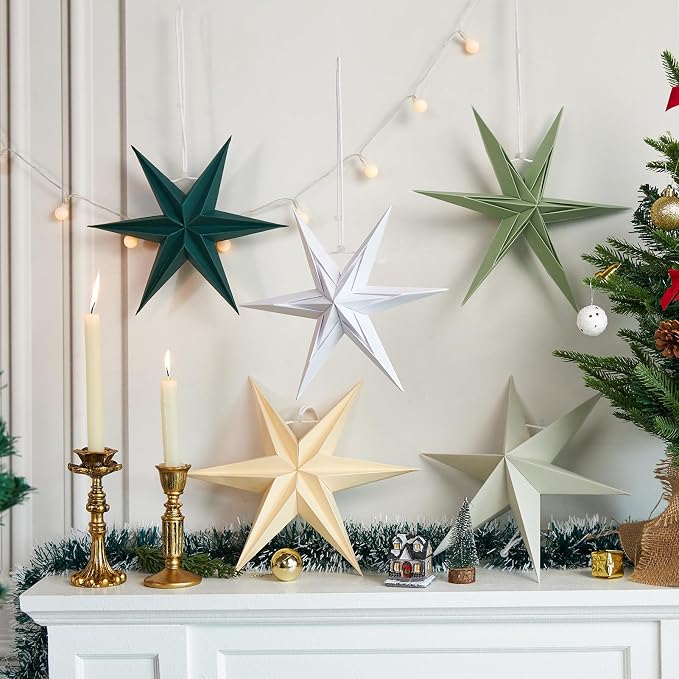 Paper Stars Christmas Party Decorations, 5PCS 6-Pointed Paper Star Hanging Decoration Set Holiday Decor Stars Shape Landerne for Birthday Party Tree Xmas Home Decor