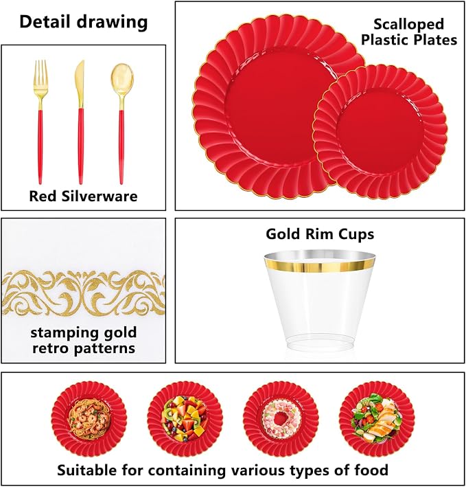 Ciaell 175 PCS Red Scalloped Plastic Plates with Gold Trim - Red Plastic Silverware with Handle - Fancy High-End Dinnerware Sets for Wedding & Party