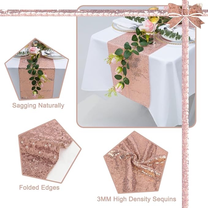 6 Pack Rose Gold Sequin Table Runner 12 x 72 Inch, High Density Sparkly Glitter Table Runners for Wedding Reception, Birthday Party, Baby Shower, Shimmering Pink Decor