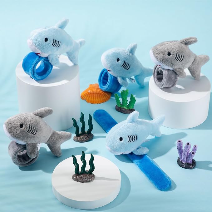 Lenwen 8 Pcs Plush Shark Slap Bracelets Stuffed Animals for Kids Cute Wrist Slap Bands Sea Animal Patting Wristband for Birthday Party Favors Boys Girls Gifts