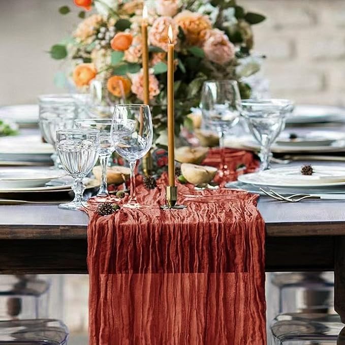 24 Pack Terracotta Cheesecloth Table Runner, 10FT Cheesecloth Rustic Boho Table Runner Long Romantic Semi Sheer Table Runner for Wedding Baby Shower Birthday Bridal Party Decorations(21.5×120 Inch)