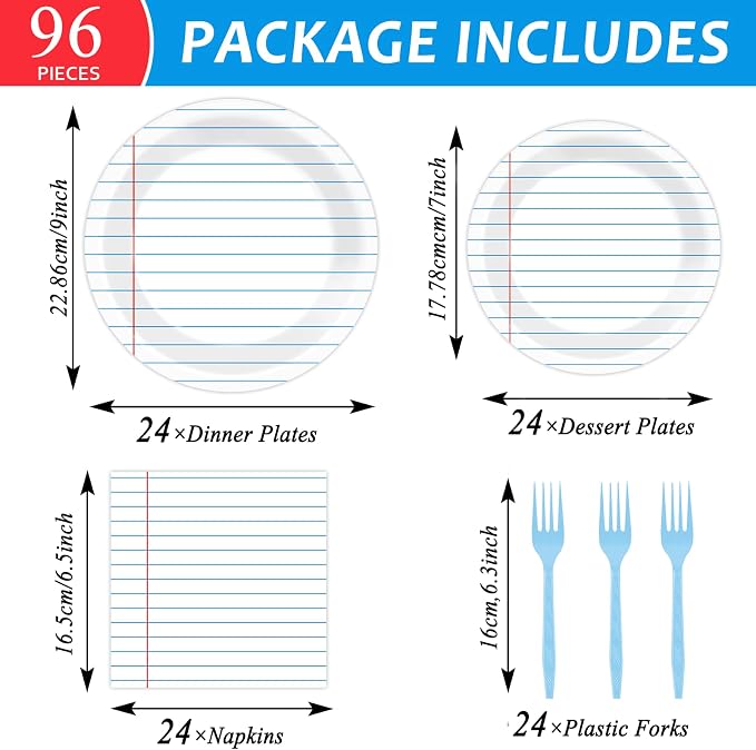 96Pcs Back to School Party Decorations Paper Handwriting Notebook Tableware First Day of School Plates Napkins Graduate Party Supplies for Kindergarten Teacher School Season Supply Serves 24 Guests