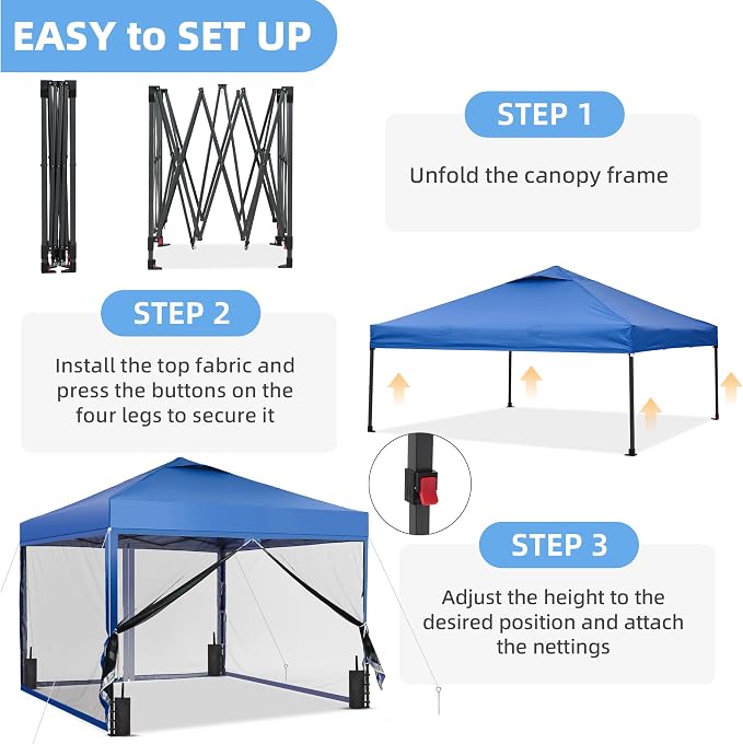 GDY 10x10 Pop up Canopy Tent with Mosquito Netting, Easy up Gazebo for Patio, Camping and Garden, Includes 4 Sandbags, Blue