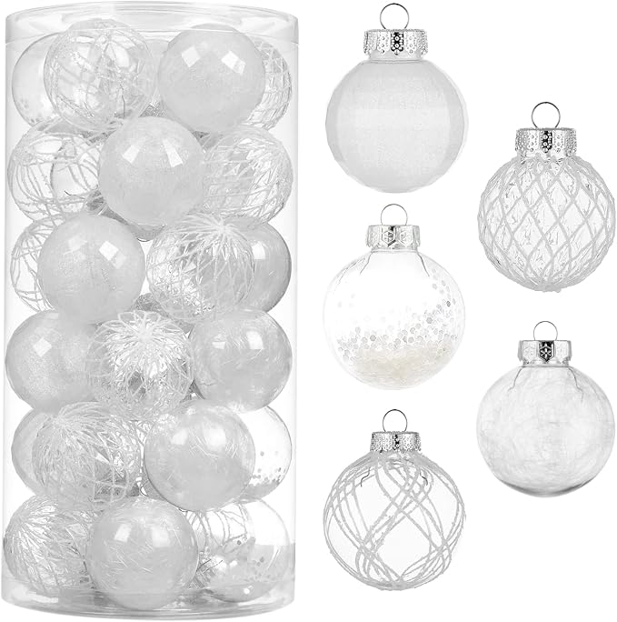 CristBest 30ct Christmas Ball Ornaments-60mm/2.36" Shatterproof Clear Plastic Xmas Balls Baubles Set with Stuffed Delicate Sparkling, Hanging Christmas Tree Decorations(White)