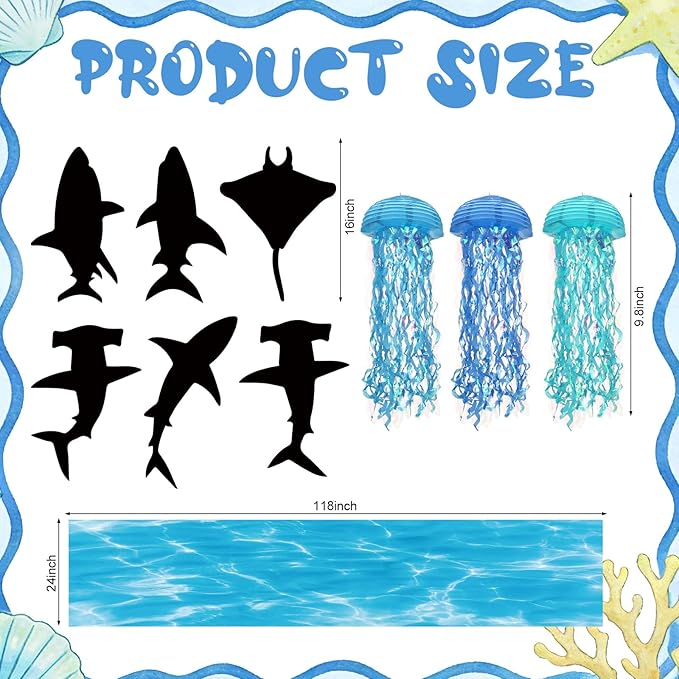 VioraWhite 10 Pcs Ocean Theme Party Classroom Decorations 6 Black Fish Fabric Backdrops 1 Blue Wave Rug 3 Jellyfish Hanging Top Decor Sea Birthday Party Decorations for Summer Beach Classroom