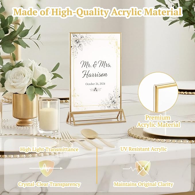 EHWINE 24 Pack Acrylic Sign Holder 5 x 7, Double Sided Gold Picture Frame Stand up Table Top Sign Holders, Clear Display Stand Menu Flyer Holder for Wedding Party