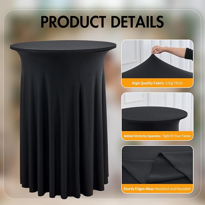 4 pk Black Cocktail Table Cloth Round 36×43in-High Top Highboy Bar Cocktail Tablecloths-Wrinkle Free Stretchy Fitted Spandex Table Covers with Ruffle Desk Skirt for Wedding Banquet Party Tables